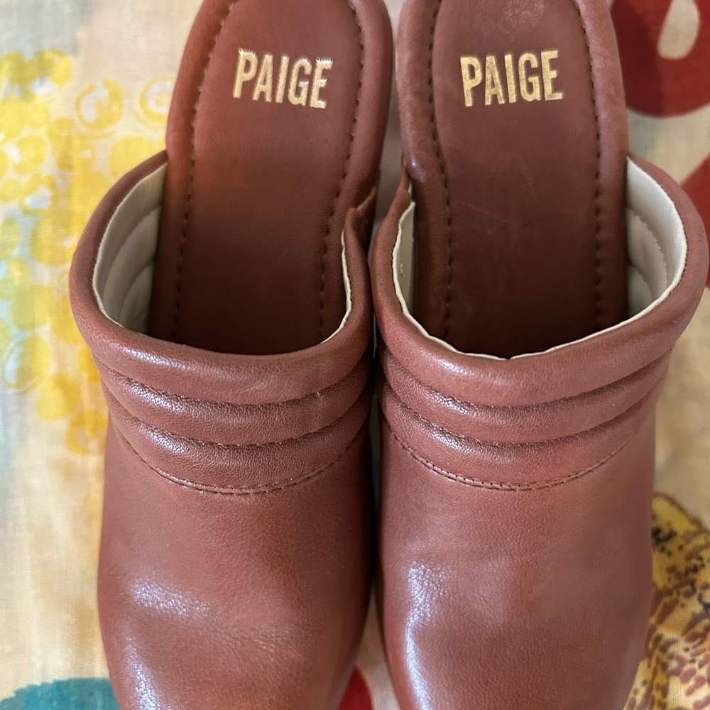 PAIGE Robbie- Whiskey Brown Leather Studded Clog Wooden Heel 7.5 - Picture 4 of 8